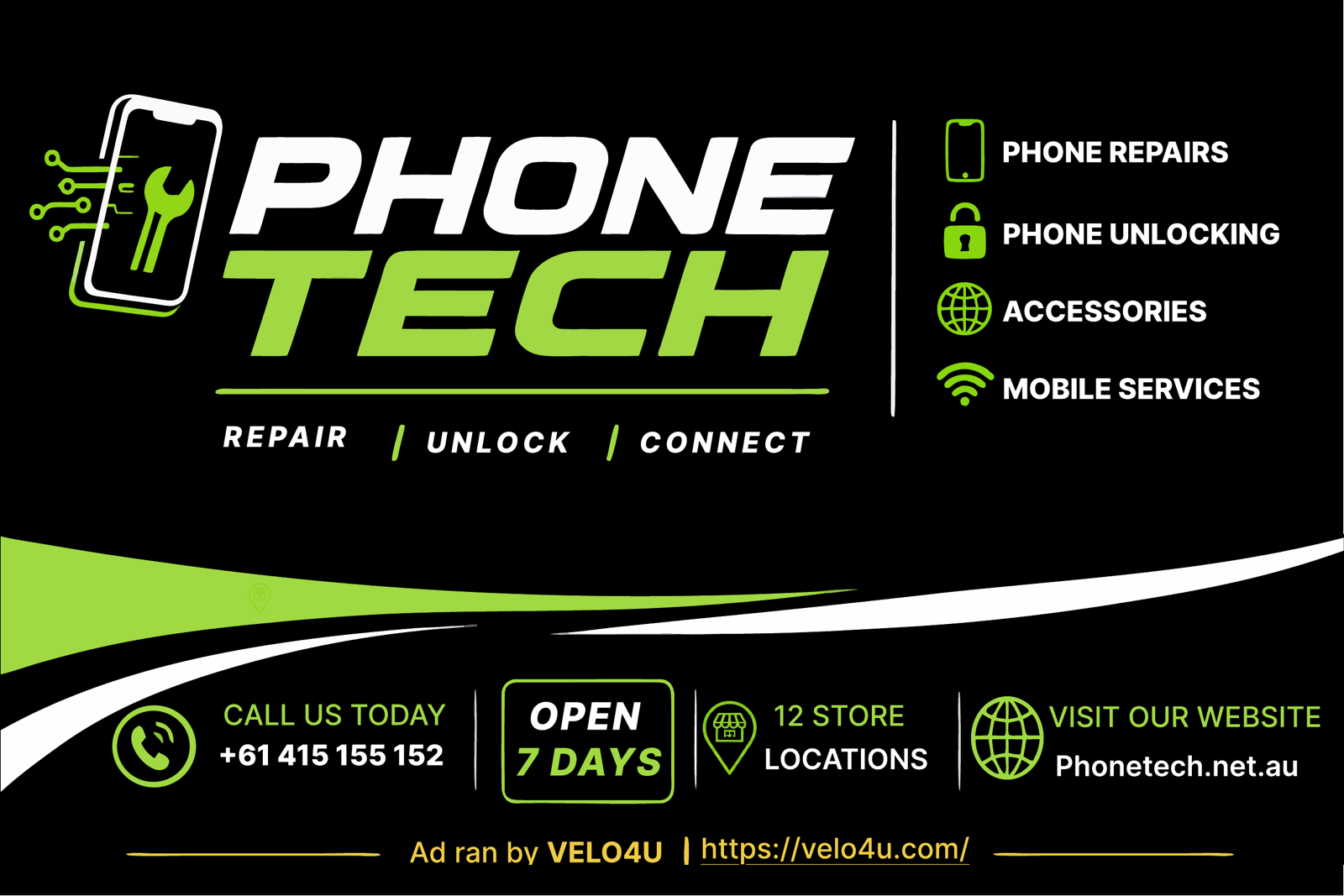 The printed front door panel Velo4U designed for Phone Tech, showing their logo, services, phone number, opening hours and website.